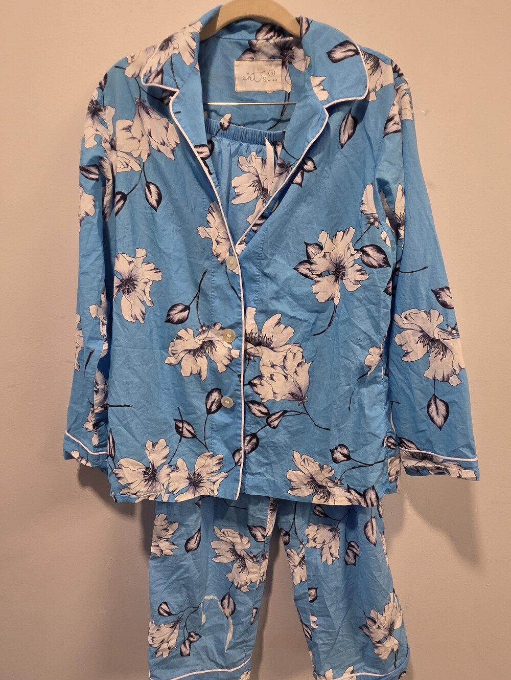 The Cats Pajamas Womens SM Blue Flowers  Cotton Pajama Set Blue /White